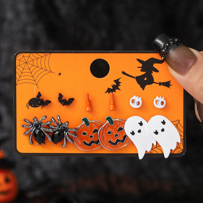 Wholesale Halloween Cartoon Stud Earrings Set - Spooky Pumpkin, Ghost & Bat Alloy Earring Multipack for Women