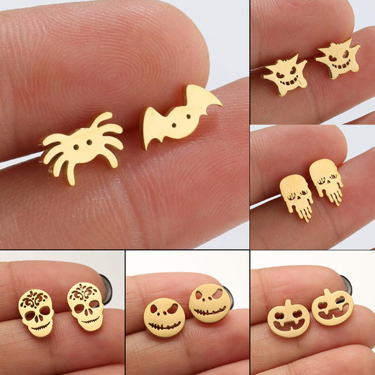 Mini pendientes divertidos, pendientes de araña de calavera de calabaza de acero inoxidable de Halloween de Navidad europea y americana al por mayor