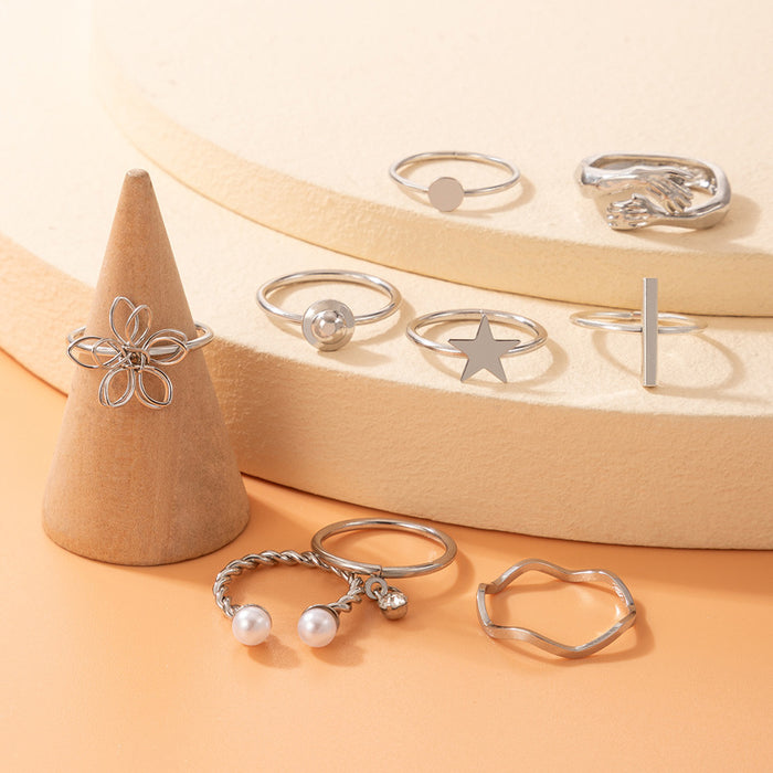 Three-dimensional flower star ring nine-piece set hand pearl diamond open combination