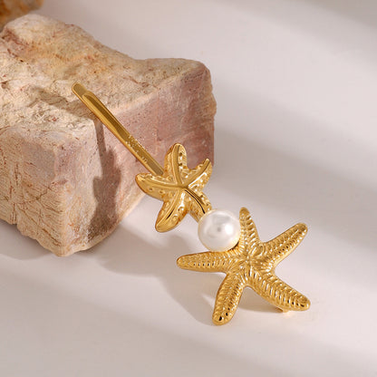 Stainless Steel Starfish Hair Clip with Pearl - High-End Metal Bangs and Stray Hair Clip