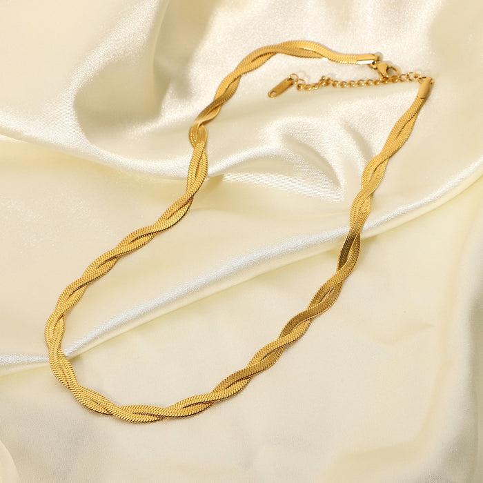 Elegant 18K Gold-Plated Stainless Steel Necklace - Double Layer Crossed Flat Snake Chain for Women