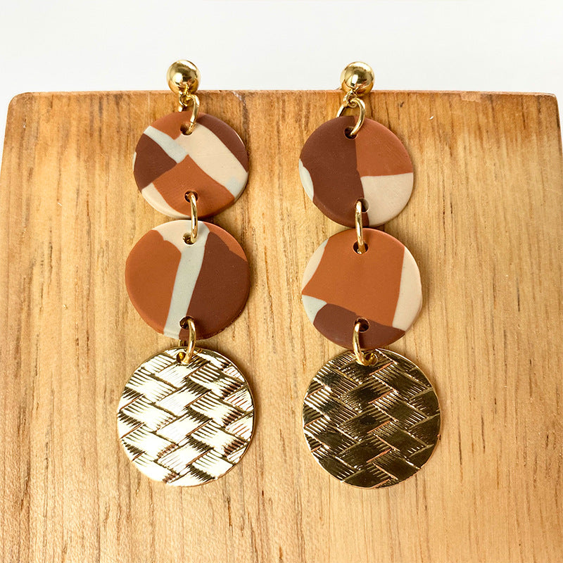 Trendy Geometric Clay Earrings - Gold Foil Design with Retro Charm