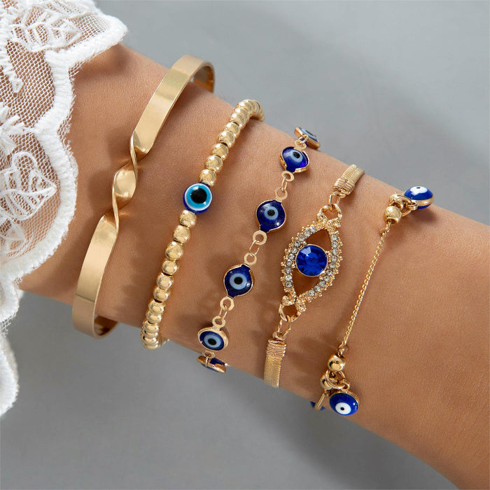 Juego de pulseras de diamantes de imitación con diseño de ojo malvado bohemio: colgante étnico de media luna, joyería de tela