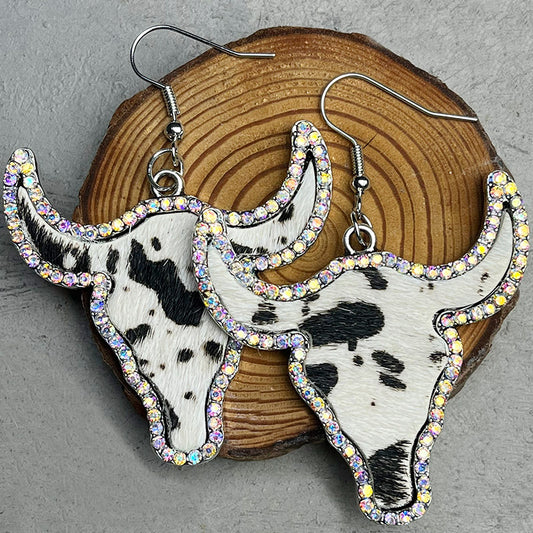 Sparkling Rhinestone Leather Bullhead Earrings with Cowhide Design