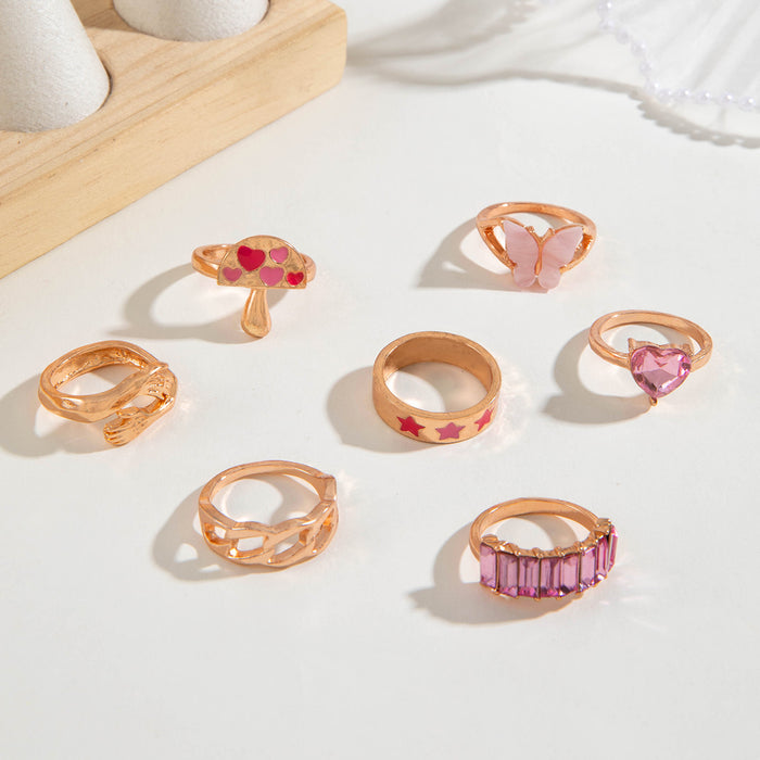 Pink Mushroom and Star Ring Set - 7-Piece Butterfly and Heart Rings for Women