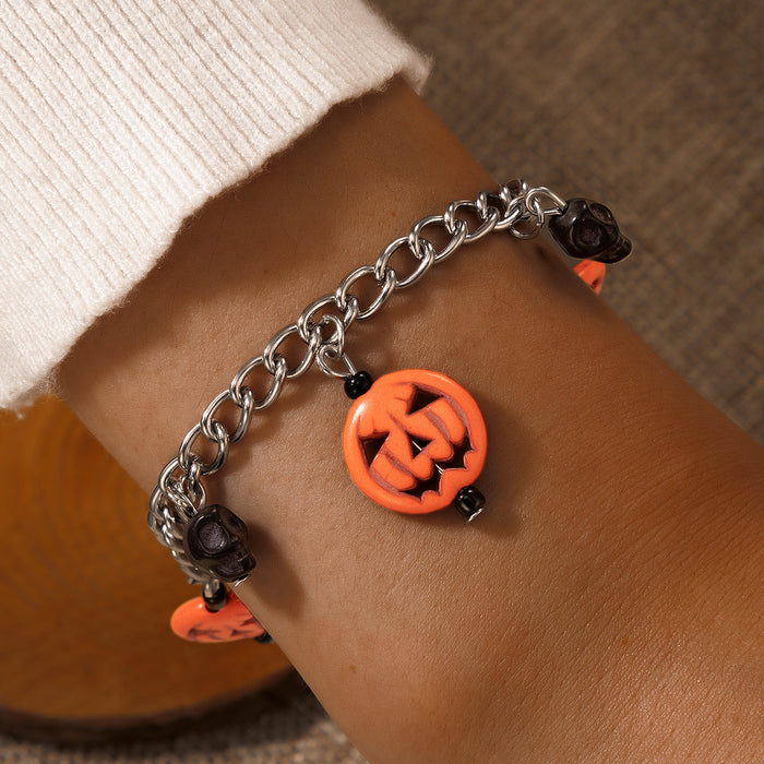 Halloween Pumpkin Enamel Anklet with Cat and Ghost Bead Charm