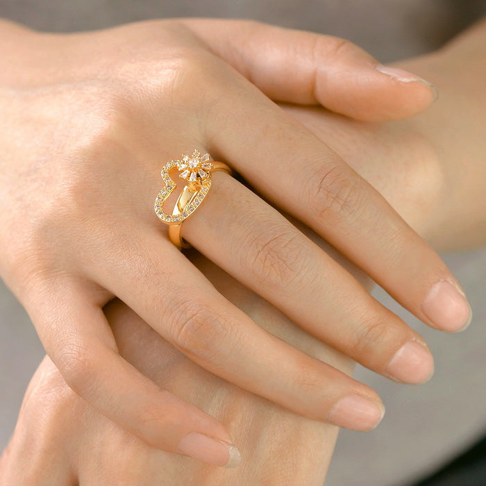 Wholesale copper micro-set rotating zircon heart and flower open ring