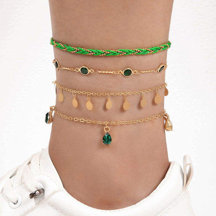 Green Rhinestone Tassel Anklet Set - Multilayer Boho Style Jewelry