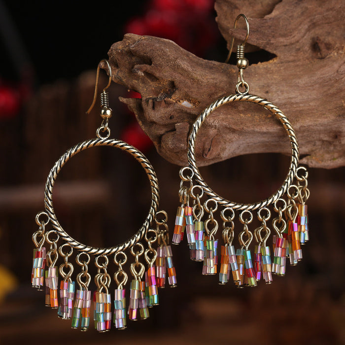 Bohemian Ethnic Vintage Alloy Tassel Earrings with Turquoise Hoops