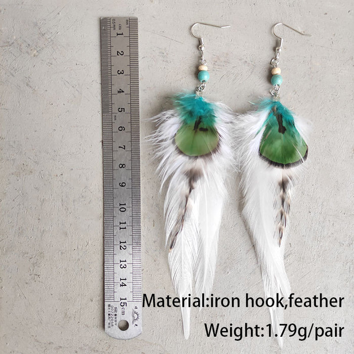 Bohemian Feather Earrings with Wood Beads and Turquoise Beads