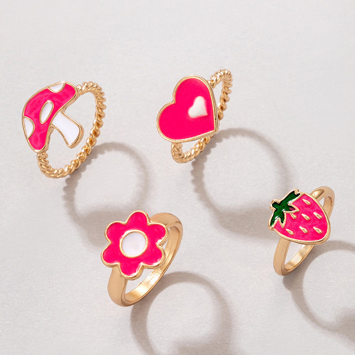 Red Mushroom Flower Strawberry Ring 4-Piece Set