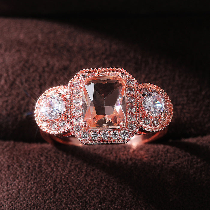 Anillo de princesa con circonita y diamante cuadrado chapado en oro rosa, joyería para eventos empresariales femeninos