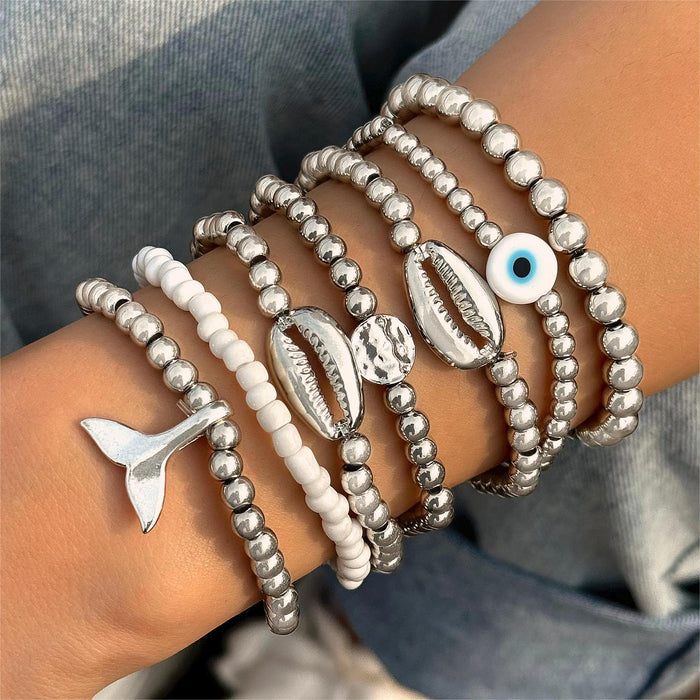 Ocean Bead Shell Bracelet with Fish Tail and Eye Charms - Five-Piece Set