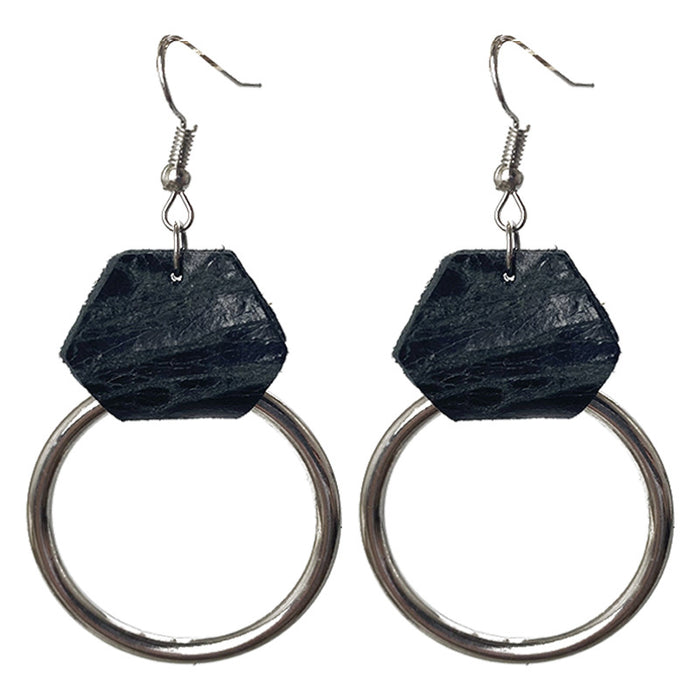 Vintage Embossed Leather Earrings with Metal Hoop Design