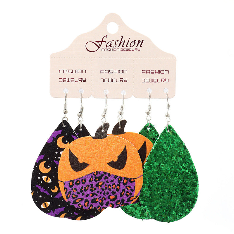 Halloween PU Leather Earring Set with Exaggerated Pumpkin and Alien Design - wallojewerly 