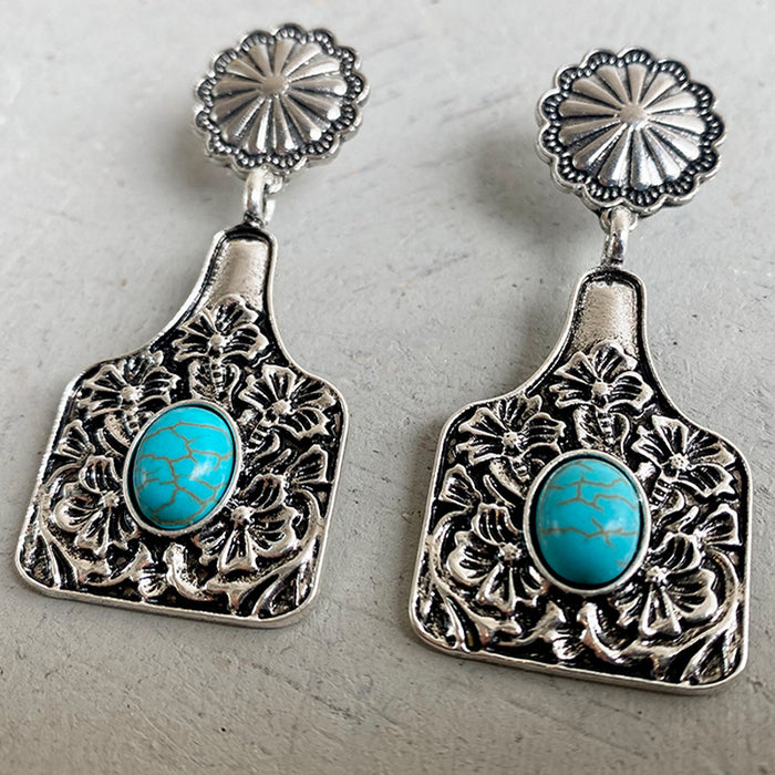 Vintage Floral Bull Tag and Pumpkin Flower Earrings with Turquoise and Alloy Design - wallojewerly 