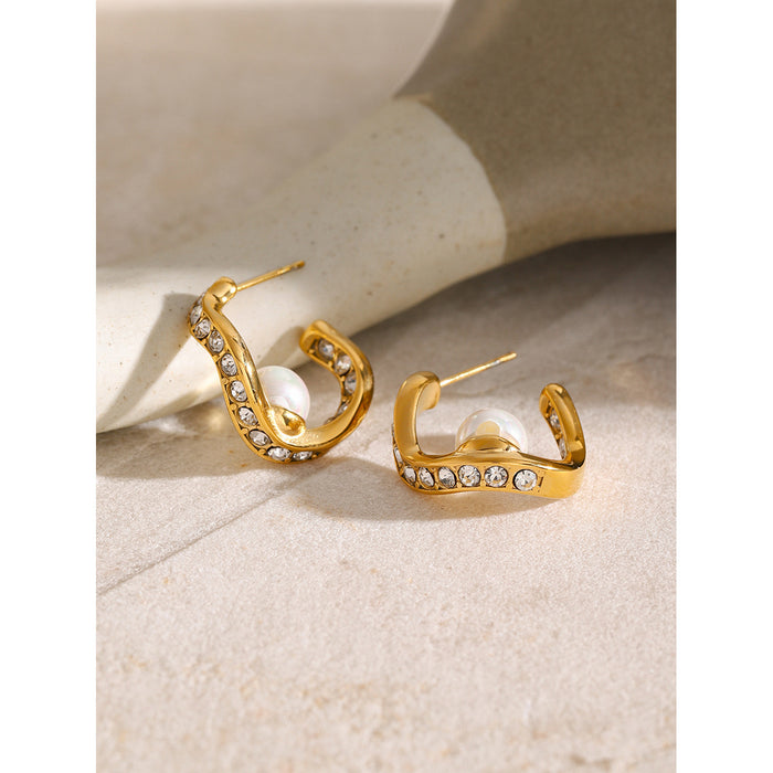 18K Gold Stainless Steel + Diamond + Pearl Wave-Shaped Earrings - Fashionable Titanium Steel Jewelry