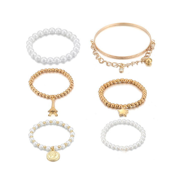 Eiffel Tower Pearl Bracelet Set - Six-Piece Multi-Layer Jewelry