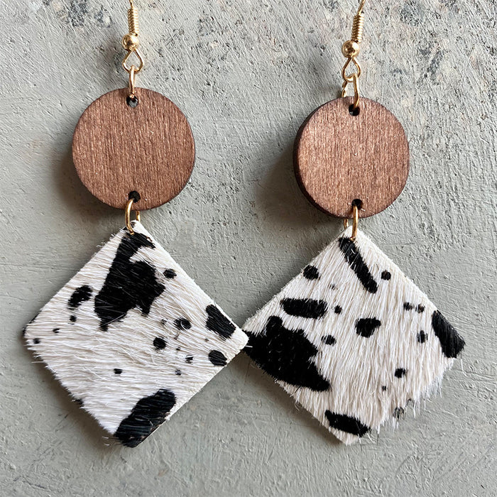 Wooden square leopard print earrings