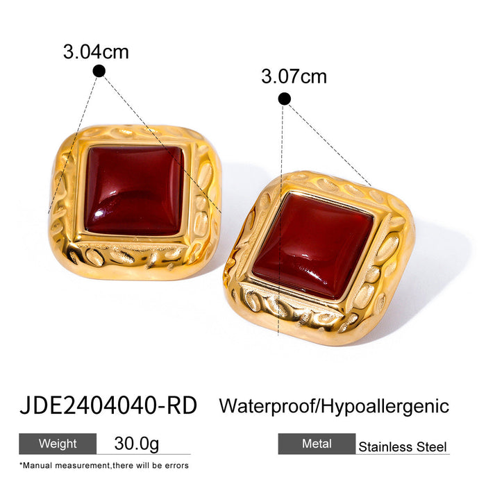 European Vintage Hammered Square Earrings - 18K Gold-Plated Stainless Steel Red Agate Jewelry for Women