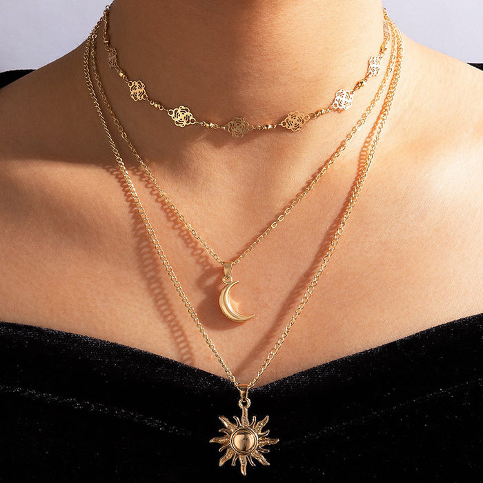 Diamond-Studded Star Moon Multi-Layer Necklace with Geometric Letter and Pearl Accents