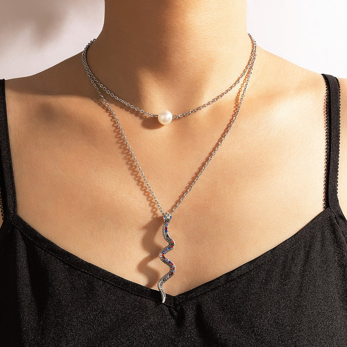 Punk Metal Style Two-Layer Necklace with Ins Cool Pearl Clavicle Chain and Colorful Diamond Snake Pendant