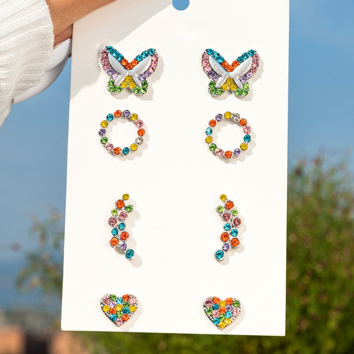 Colorful butterfly heart earrings set irregular geometric four-piece set