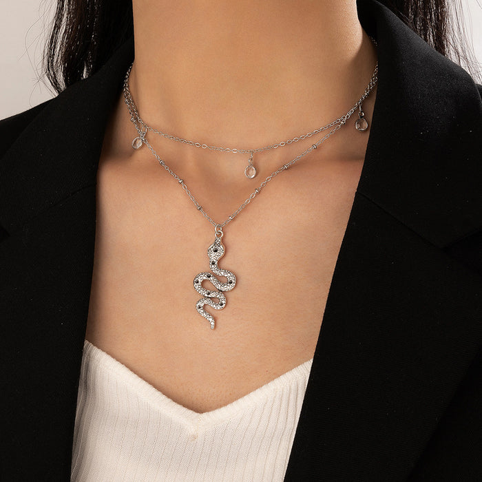 Snake Pendant Double-Layer Necklace - Geometric Rhinestone Multilayer Choker