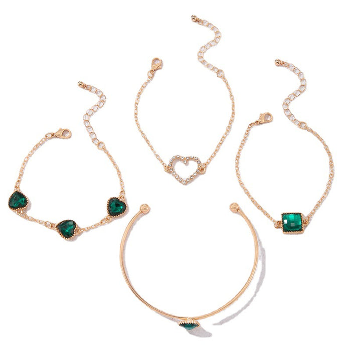 New Simple Metal Faux Emerald Bracelet - Heart Bracelet with Full Diamond Design