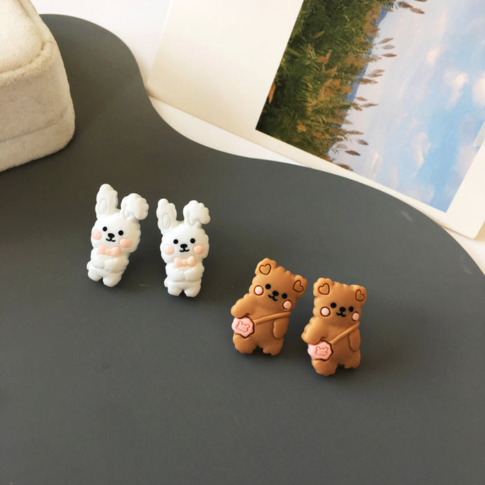 Rabbit Bear Earrings S925 Silver Needle Resin Girl Style Earrings