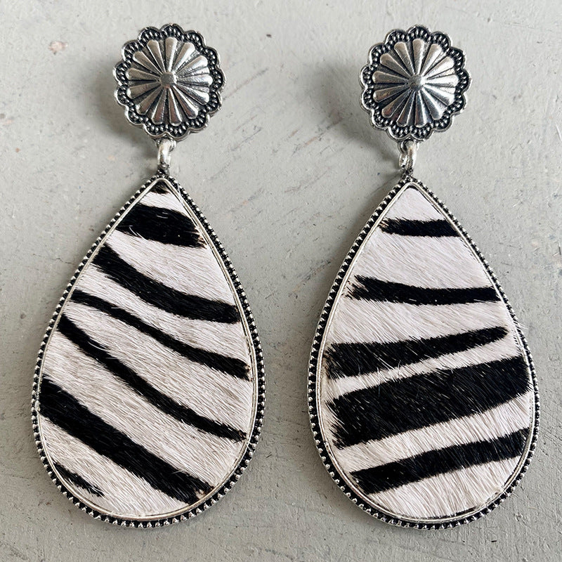 Western Animal Print Leather Earrings with Bohemian Style and Pumpkin Flower Design - wallojewerly 