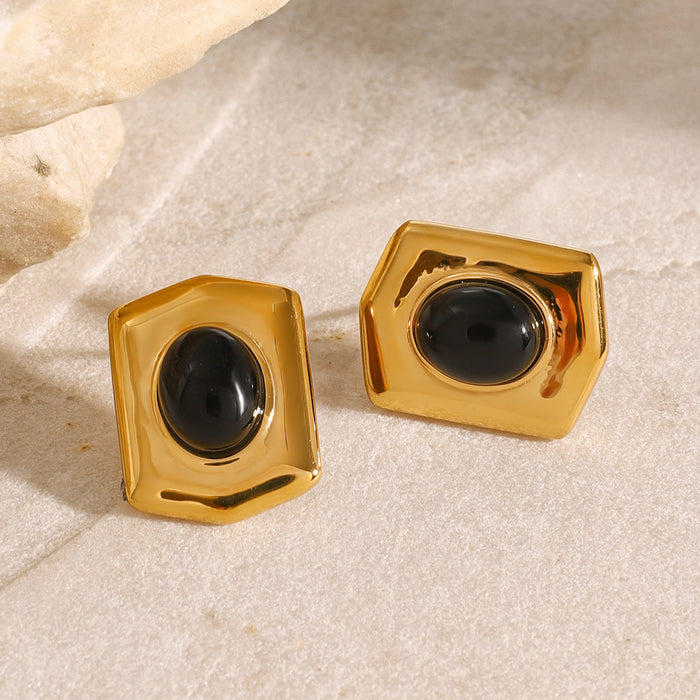 Stainless steel black agate geometric earrings, retro classic light luxury high-end earrings