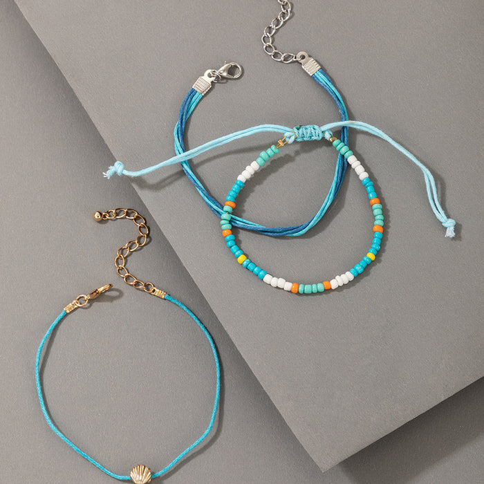 Ethnic Beaded Bracelet Set with Shell Charm and Adjustable Cord