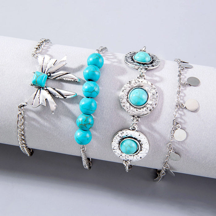 Conjunto de pulseras de cuentas turquesas de Bohemia: joyería con colgante de mariposa llamativo