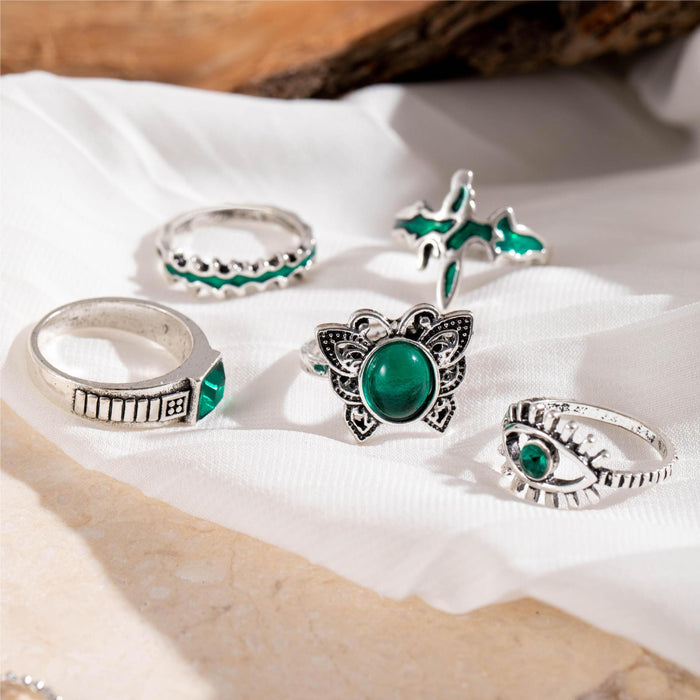 Rhinestone Eye and Butterfly Ring Set - Asymmetric Enamel Six-Piece Set