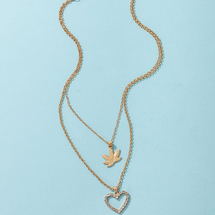 Diamond Heart Double Layer Necklace with Geometric Maple Leaf Multi-Layer Design