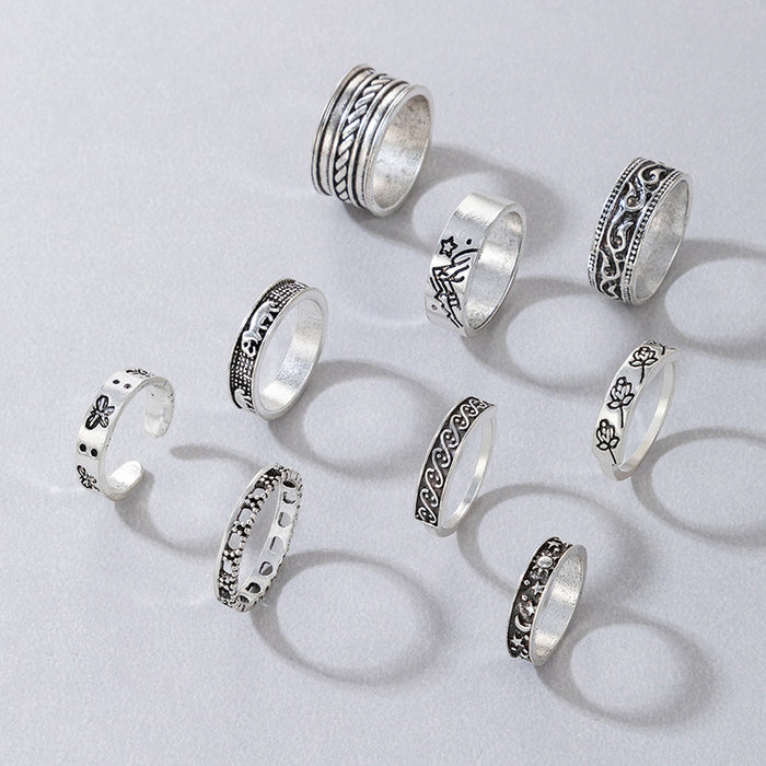 Vintage style flower plain ring nine-piece set