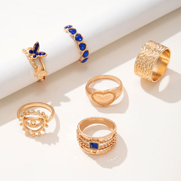 Gold and blue diamond butterfly sun eye six piece ring set