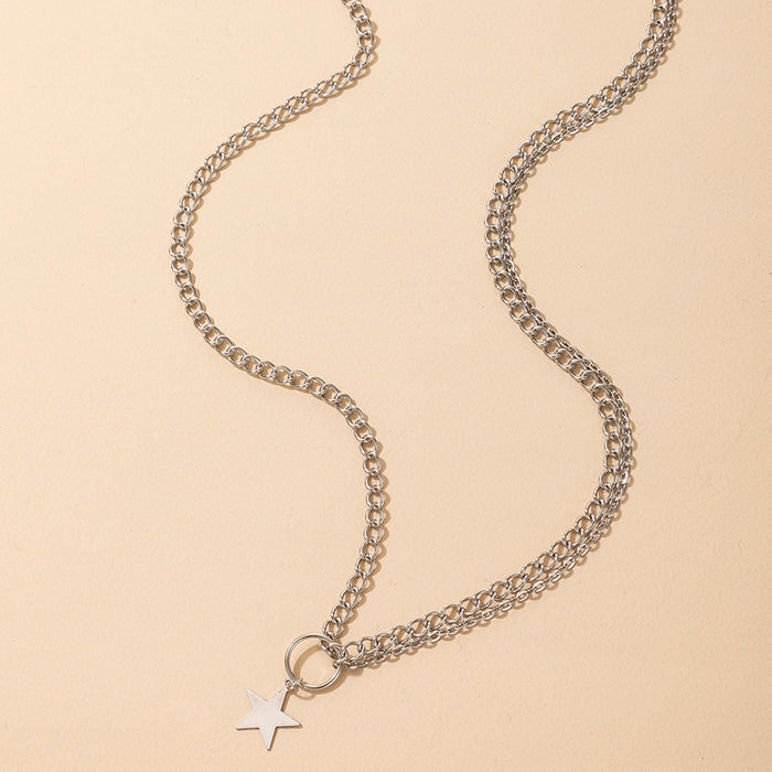 Silver Chain Tassel Round Ring Star Pendant Single Layer Necklace with Ins Trend Design