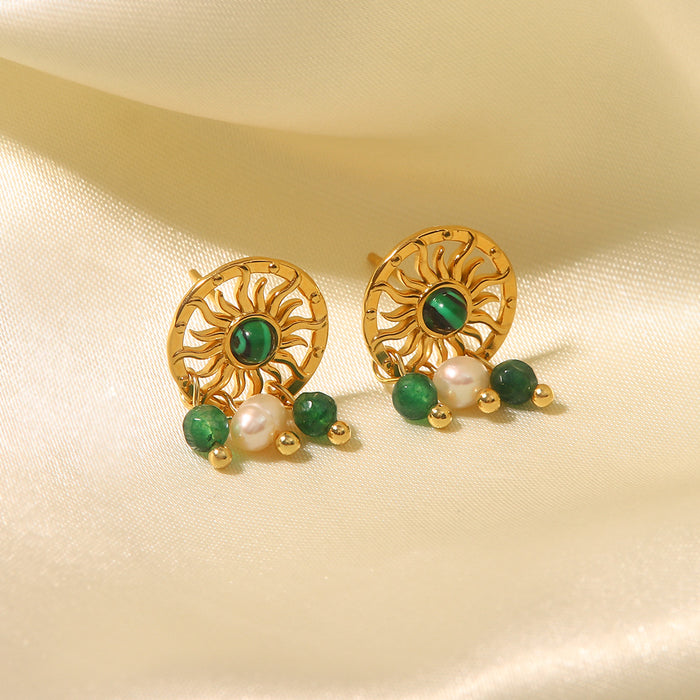 French Vintage 18K Gold Plated Stainless Steel Earrings - Natural Stone Pendant Jewelry for Women - wallojewerly 