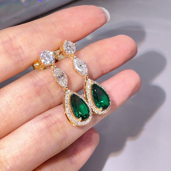 Pendientes estilo palacio con forma de gota de agua, elegantes pendientes de color verde esmeralda en forma de pera