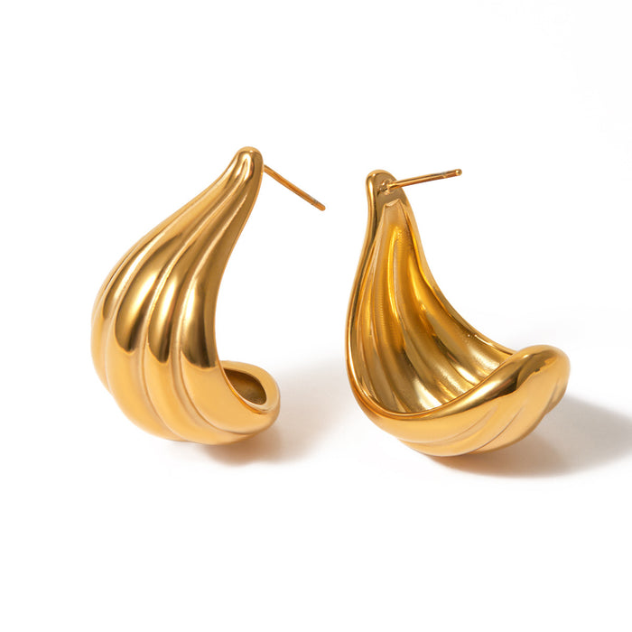 18K Gold Plated Stainless Steel Striped Curved Earrings - Unique Design Titanium Steel Jewelry