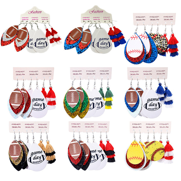 PU Leather Earring Set for Christmas with Football and Cheerleader Tassels