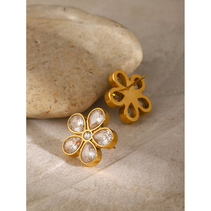 18K Gold Stainless Steel Zircon Flower Earrings - Minimalist High-End Titanium Steel Jewelry