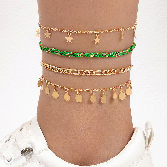 Green Rhinestone Tassel Anklet Set - Multilayer Boho Style Jewelry