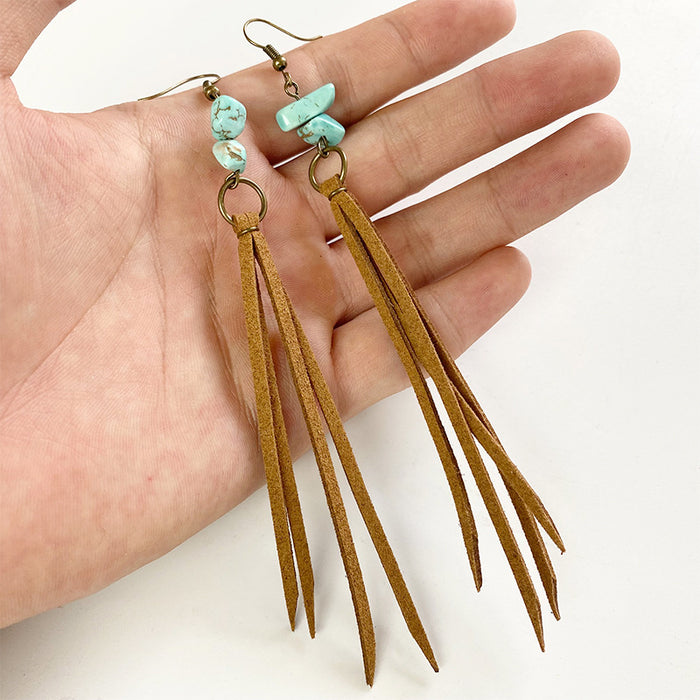 Vintage Long Turquoise Leather Tassel Earrings with Creative Style