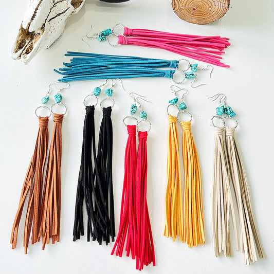 Exaggerated Western Bohemian Leather Tassel Earrings with Turquoise Hoops