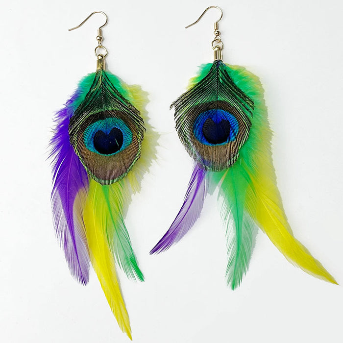 Festival Feather Earrings with Purple, Yellow, and Green Peacock Feathers