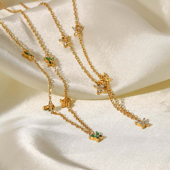 Fashionable 18K Gold-Plated Butterfly Pendant Necklace - Green and White Zircon Stainless Steel Jewelry