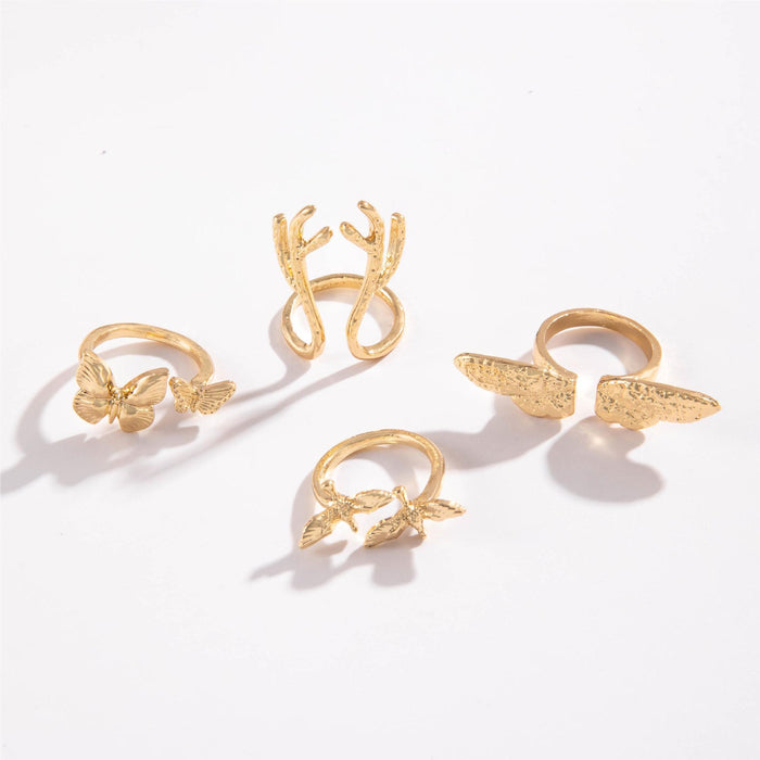 Butterfly and Antler Ring Set - 4-Piece Gold-Toned Bird Wing Rings